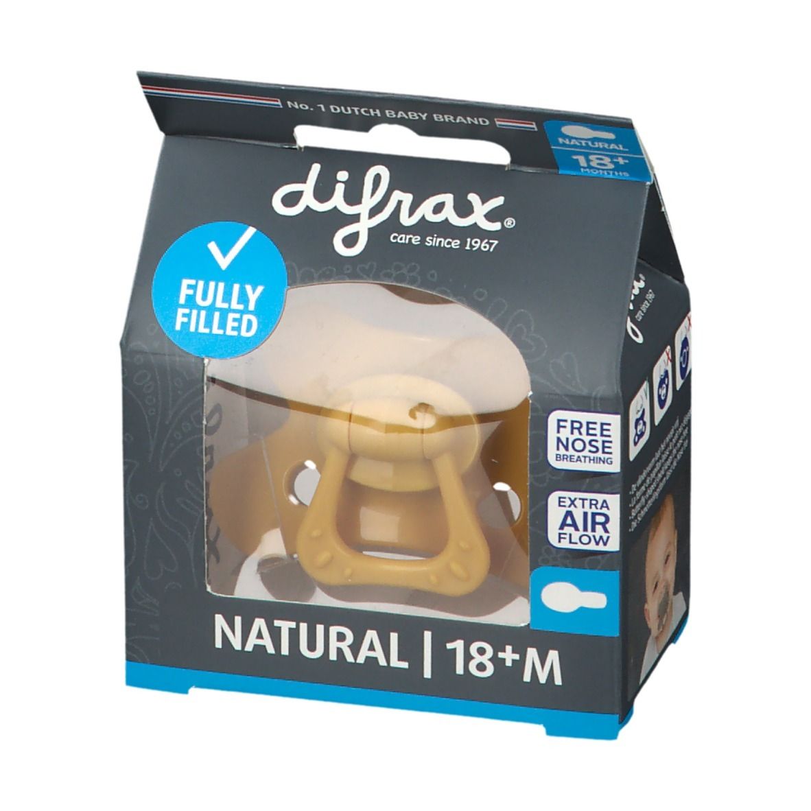 Verpackung mit gelbem Schnuller. Text: NATURAL | 18+M, difrax. Merkmale: vollständig gefüllt, freie Nasenatmung, Luftzirkulation.