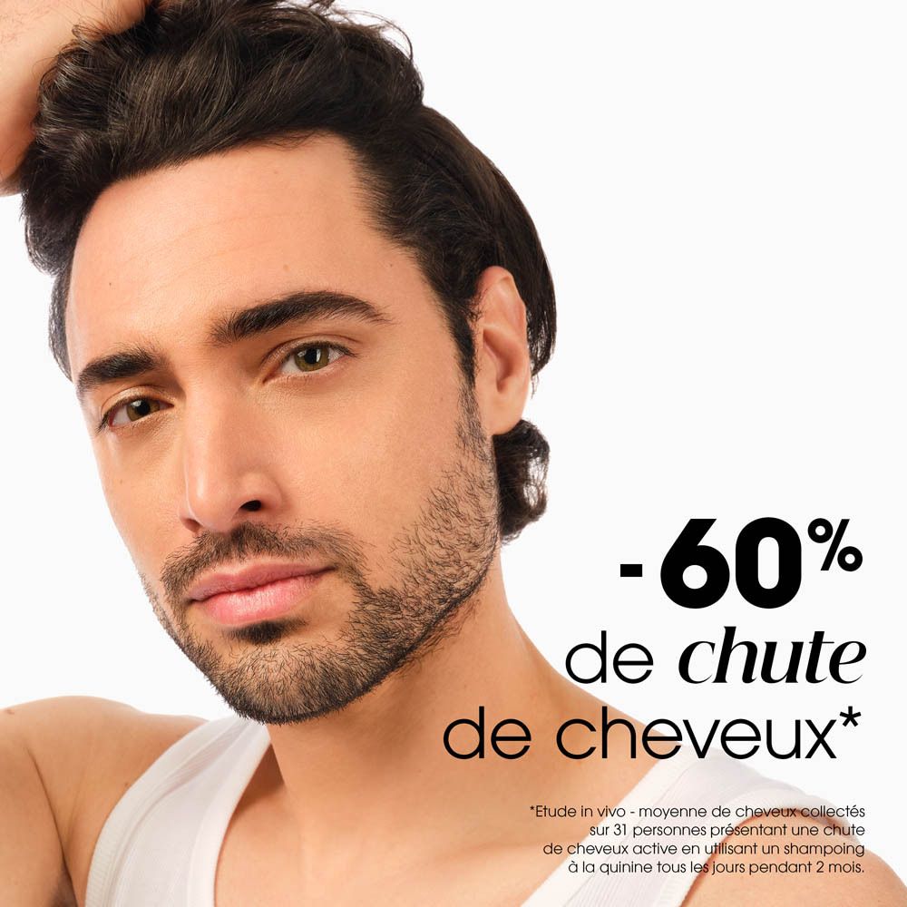 Homme avec des cheveux. Texte: -60% de chute de cheveux. Étude in vivo.