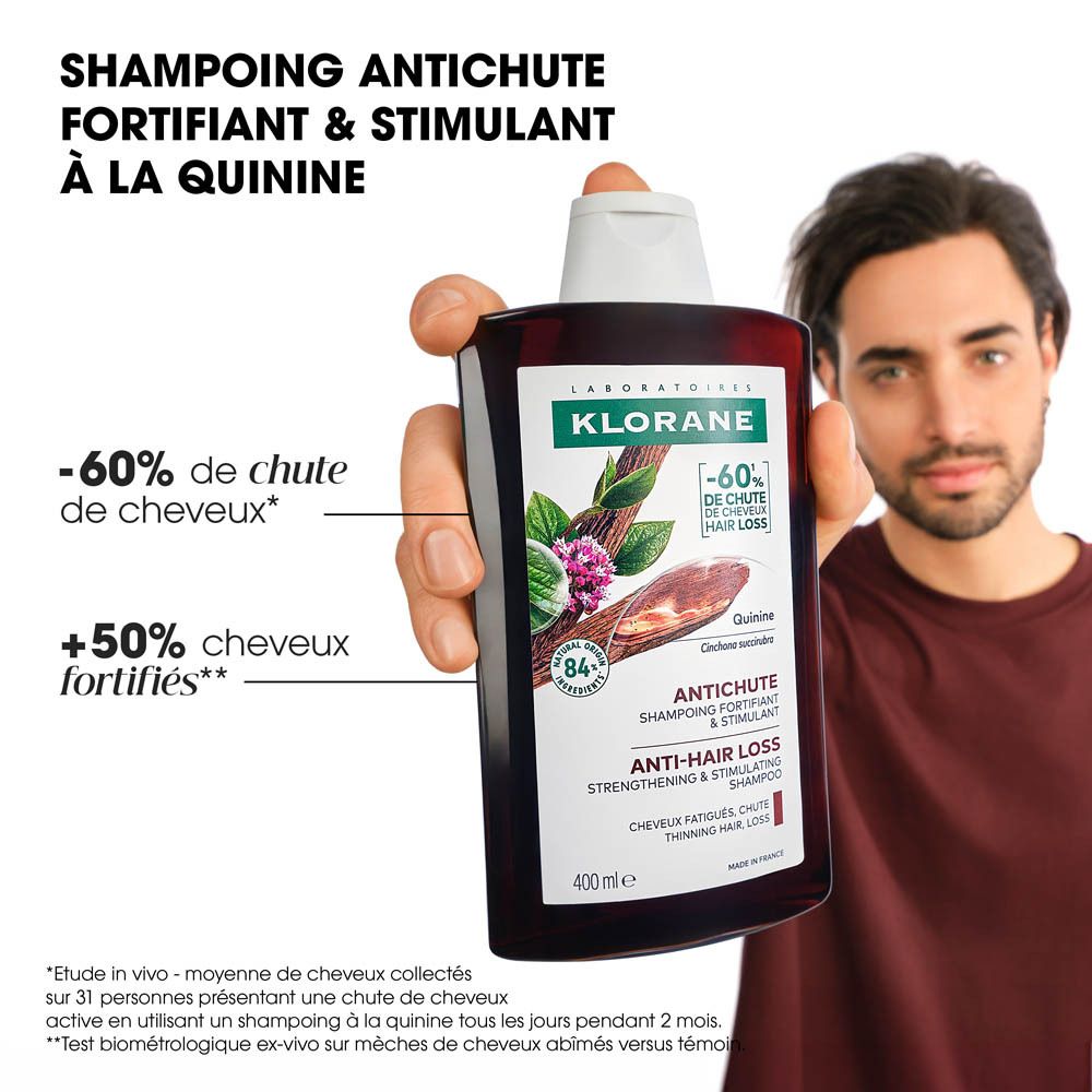 Homme tenant un flacon de shampooing. Texte: -60% de chute de cheveux, +50% cheveux fortifiés.