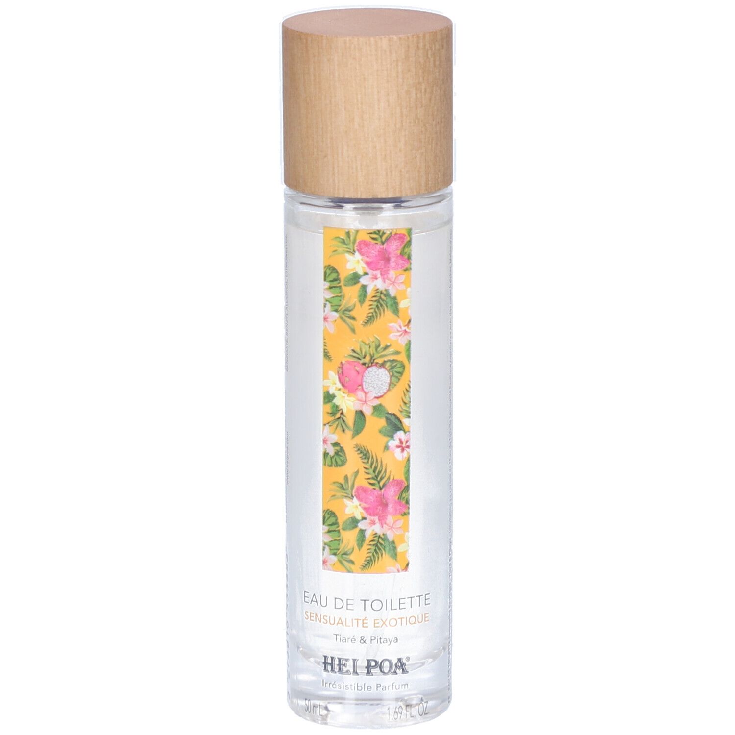 Zylindrische Flasche mit Holzverschluss. Gelbes Etikett mit Blumenmuster. Text: Eau de Toilette, Sensualité exotique, Tiaré & Pitaya, Hei Poa.