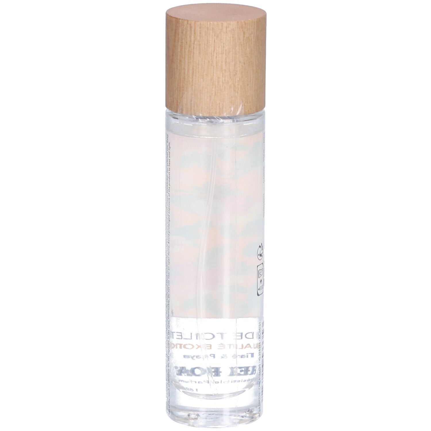 Zylindrische Flasche mit Holzverschluss. Transparente Flüssigkeit. Text: Eau de Toilette, Sensualité exotique, Tiaré & Pitaya, Hei Poa.