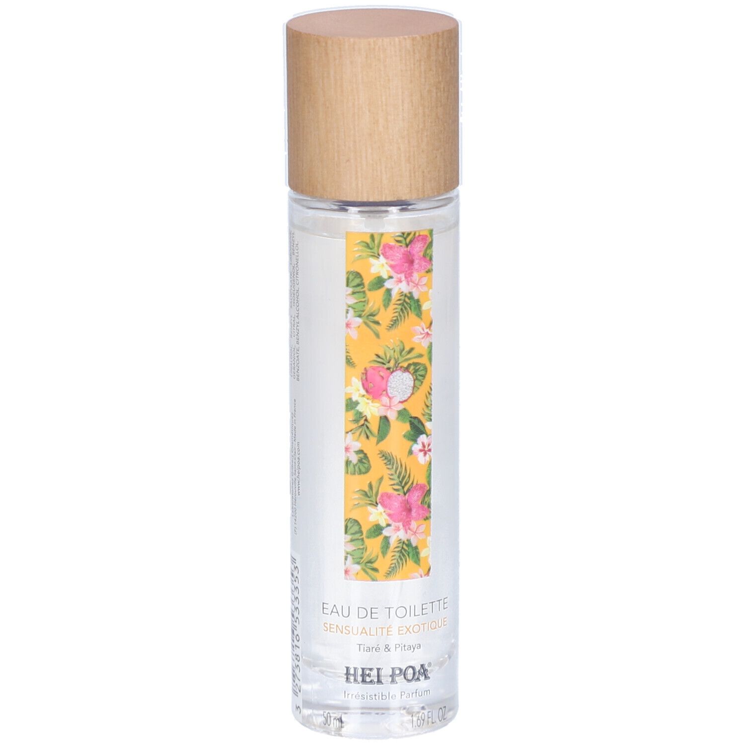 Zylindrische Flasche mit Holzverschluss. Gelbes Etikett mit Blumenmuster. Text: Eau de Toilette, Sensualité exotique, Tiaré & Pitaya, Hei Poa.