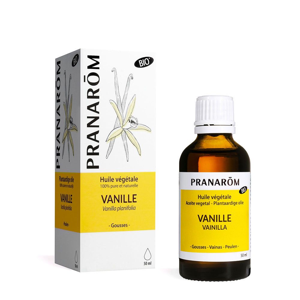 PRANAROM Massageöl Vanille. Flasche und Verpackung. 50 ml. Bio-Zertifizierung. Vanille-Extrakt.