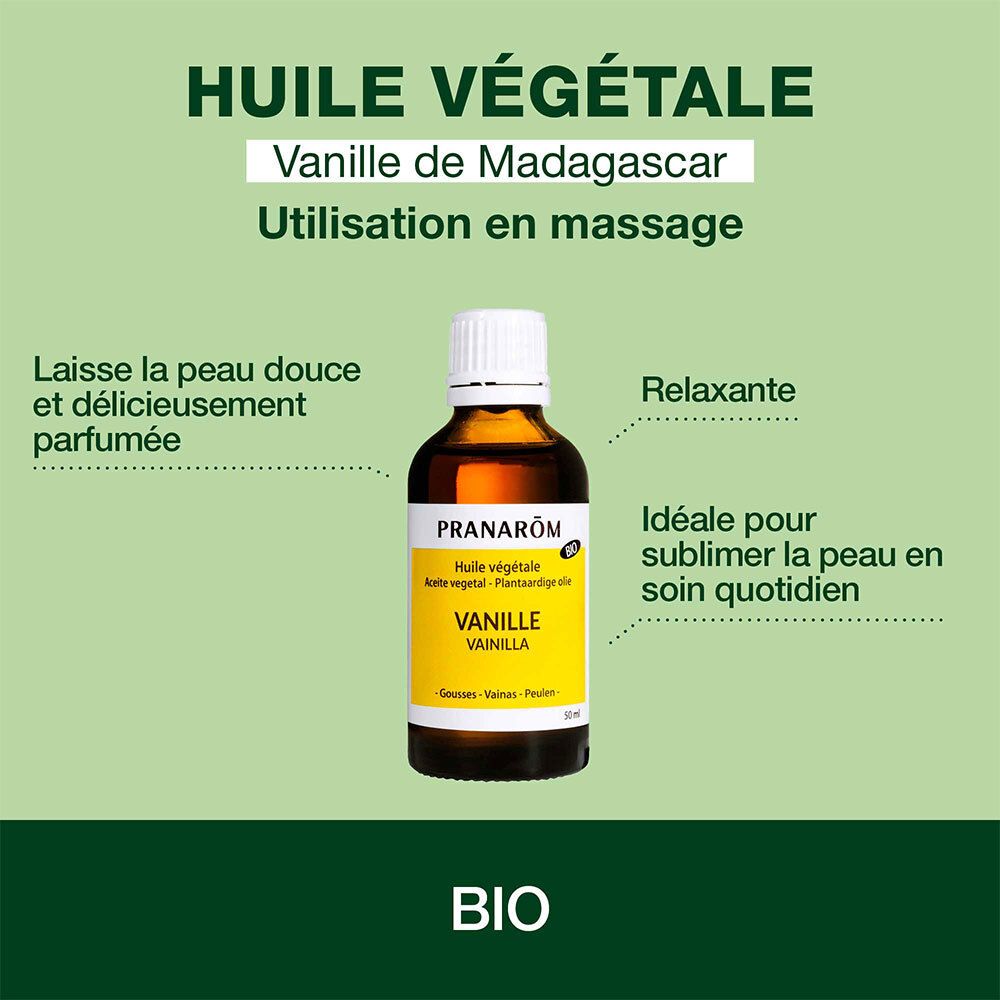 PRANAROM Massageöl Vanille. Flasche. 50 ml. Bio-Zertifizierung. Text: Huile végétale, Vanille de Madagascar.
