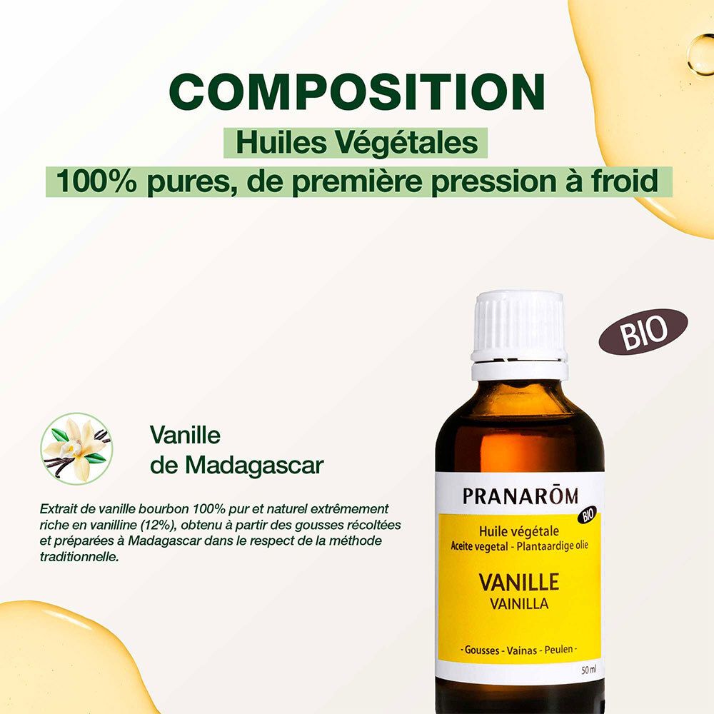 PRANAROM Massageöl Vanille. Flasche. 50 ml. Bio-Zertifizierung. Text: Huiles végétales, Vanille de Madagascar.