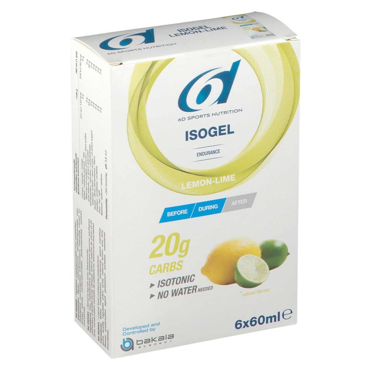 Boîte de 6D Sports Nutrition ISOGEL Citron-Citron vert. Contient 6x60ml. Illustration de citron et de citron vert. Isotonique.
