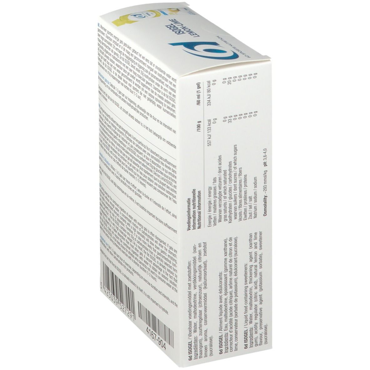 Côté de l'emballage de 6D Sports Nutrition ISOGEL Citron-Citron vert. Informations nutritionnelles. Contient 6x60ml.