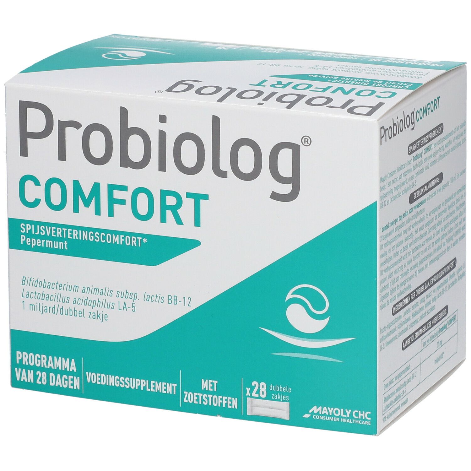 Kartonverpackung mit Produktnamen und Logo. Enthält 28 Doppelbeutel. Aufschrift: Spijsverteringscomfort, Pepermunt.