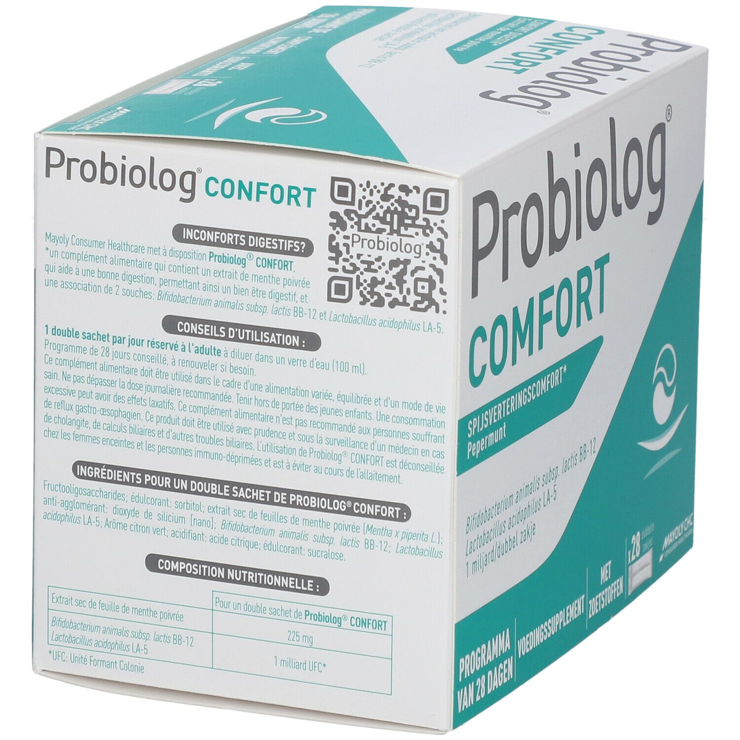 Kartonverpackung mit Produktnamen und Logo. Enthält 28 Doppelbeutel. Aufschrift: Spijsverteringscomfort, Pepermunt. QR-Code.