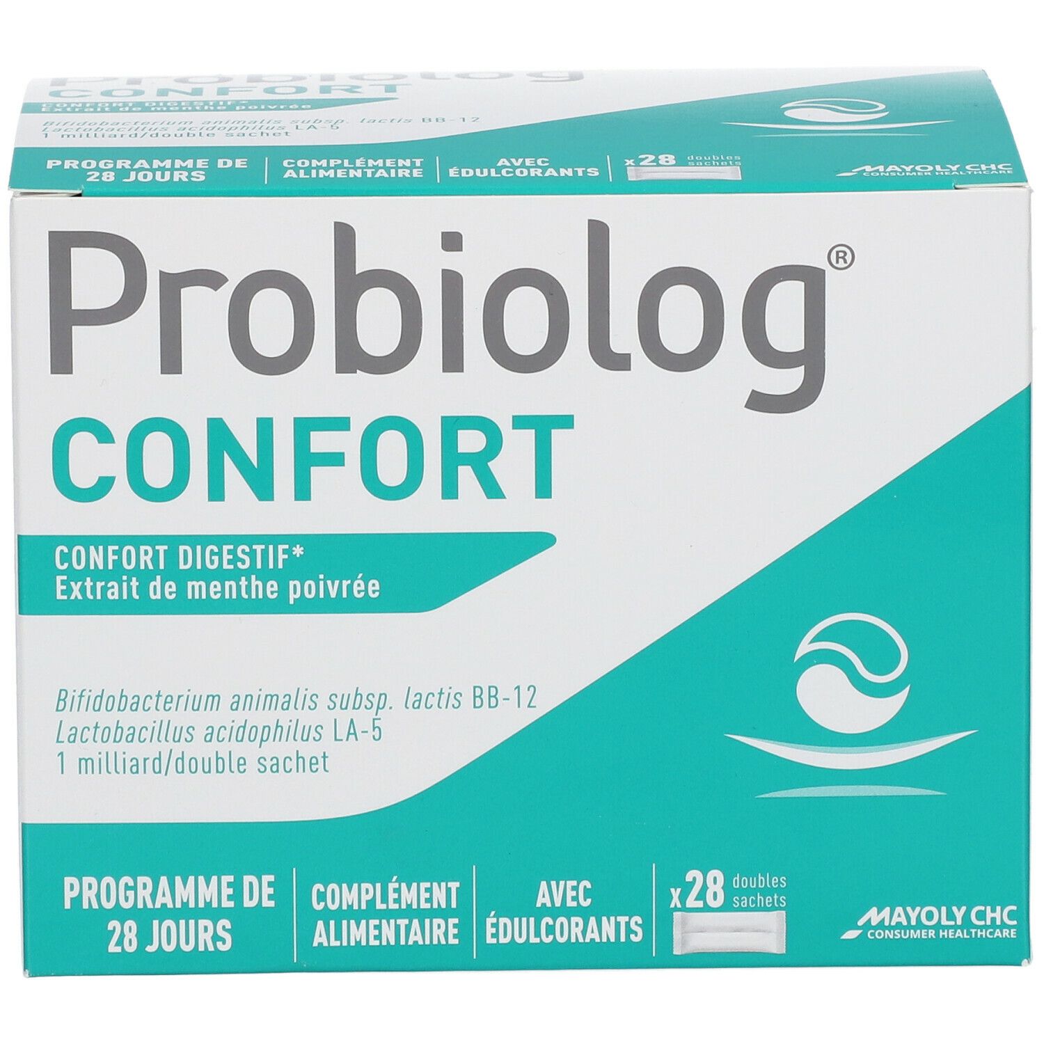 Kartonverpackung mit Produktnamen und Logo. Enthält 28 Doppelbeutel. Aufschrift: Confort Digestif, Extrakt aus Pfefferminze.