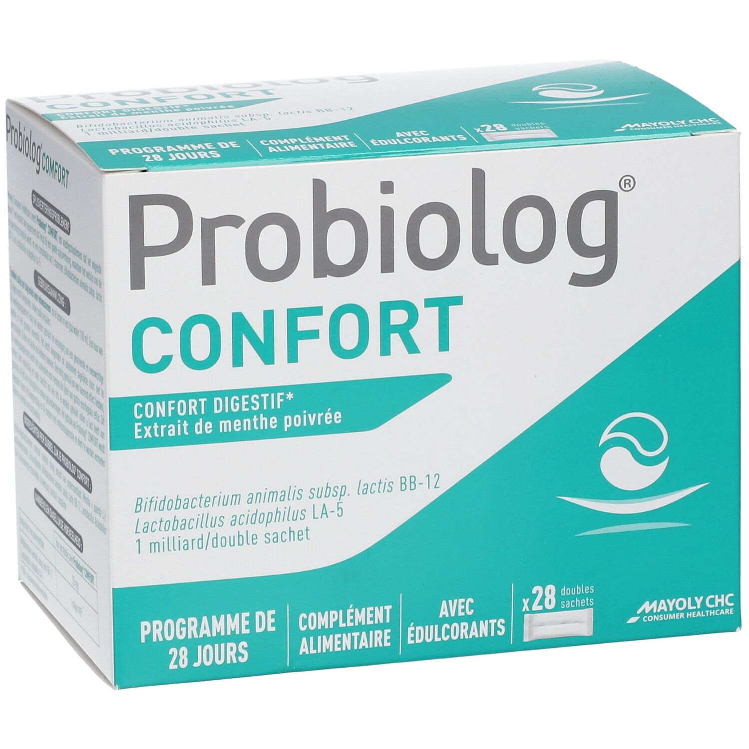 Kartonverpackung mit Produktnamen und Logo. Enthält 28 Doppelbeutel. Aufschrift: Confort Digestif, Extrakt aus Pfefferminze.