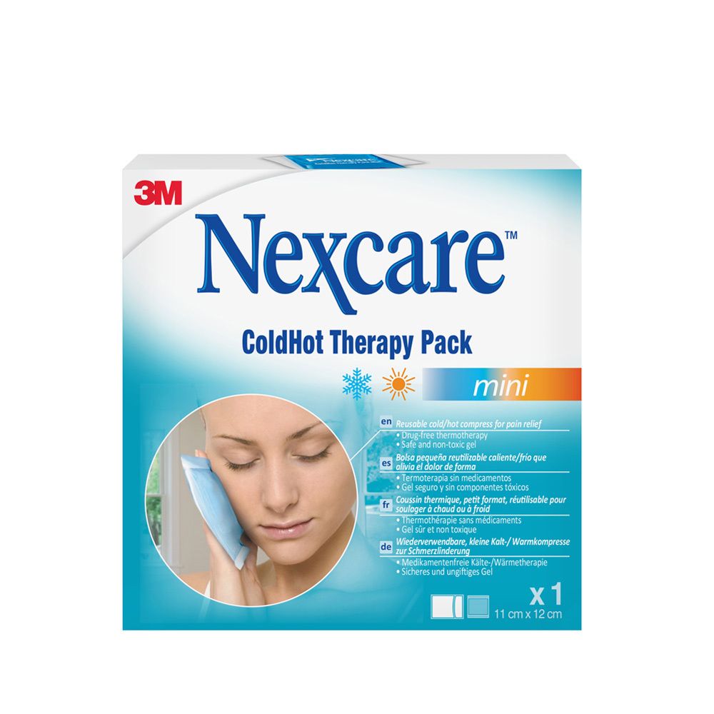 Emballage 3M Nexcare ColdHot Mini. Description du produit en français et dimensions : 11 cm x 12 cm.