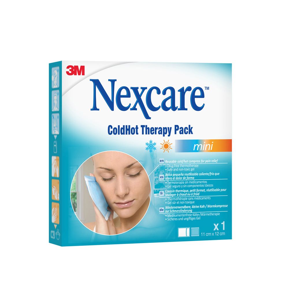 Emballage 3M Nexcare ColdHot Therapy Pack Mini. Image du produit et dimensions : 11 cm x 12 cm.