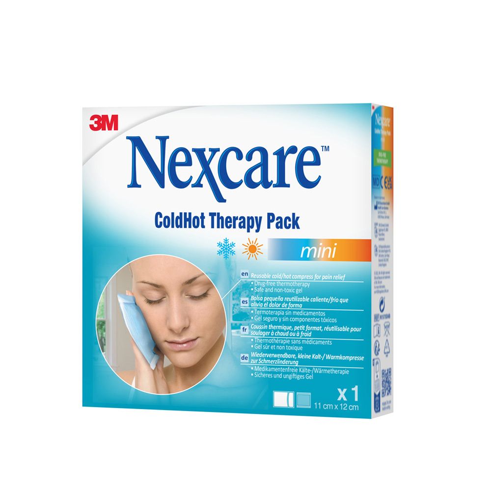 Emballage 3M Nexcare ColdHot Therapy Pack Mini. Vue latérale avec nom du produit et dimensions.