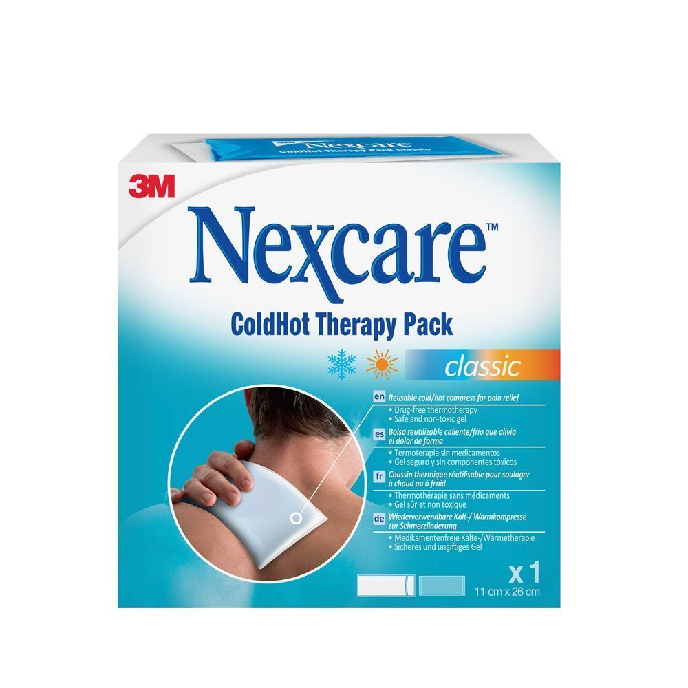3M Nexcare ColdHot Therapy Pack Classic. Emballage avec produit et personne.
