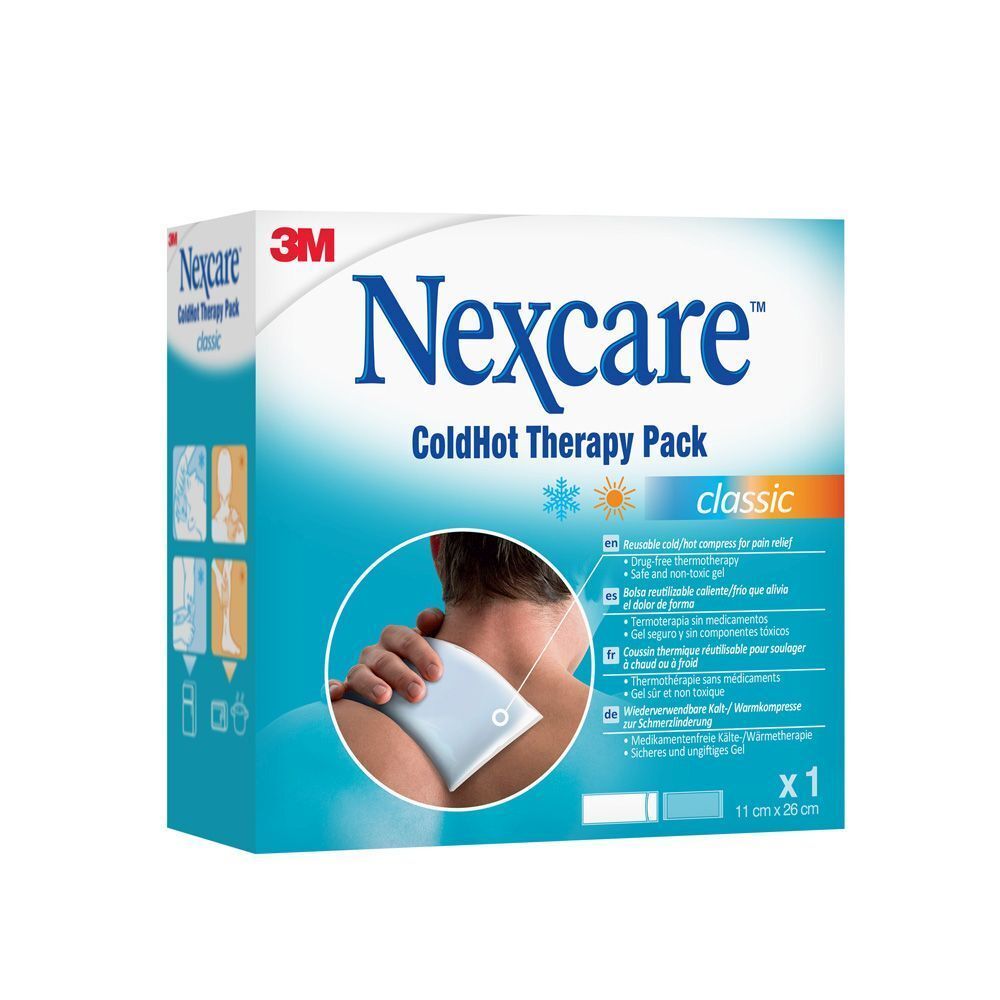 3M Nexcare ColdHot Therapy Pack Classic. Emballage avec produit et personne.