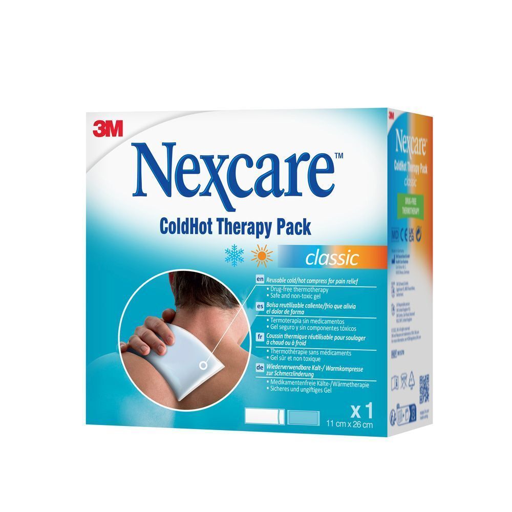 3M Nexcare ColdHot Therapy Pack Classic. Emballage avec produit et personne.