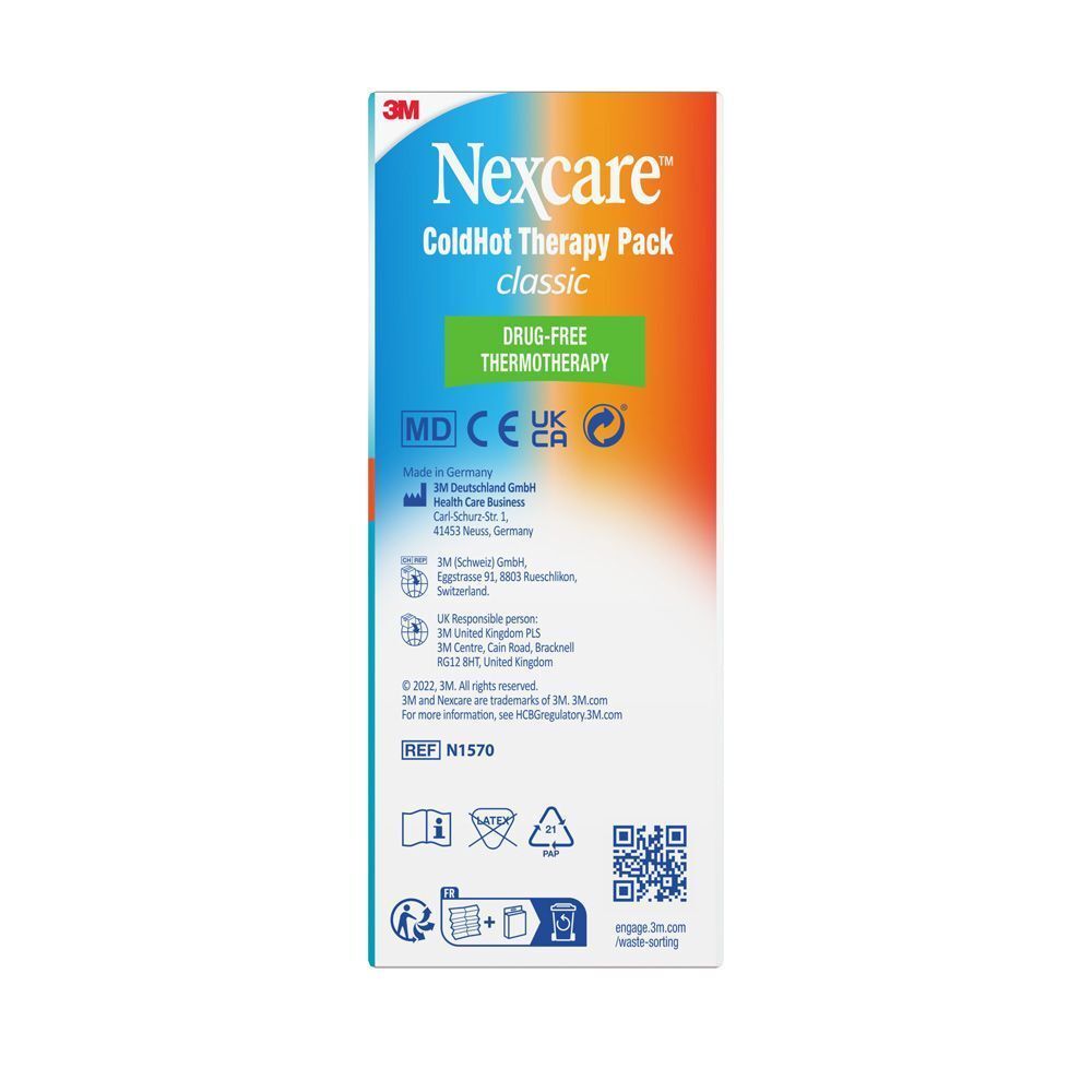3M Nexcare ColdHot Therapy Pack Classic. Emballage avec produit et personne.