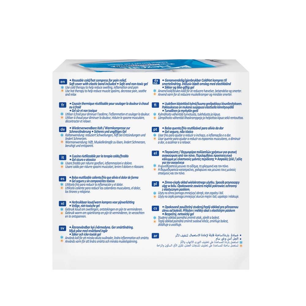 Rückseite der Verpackung von Nexcare ColdHot Therapy Pack. Produktinformationen in mehreren Sprachen.