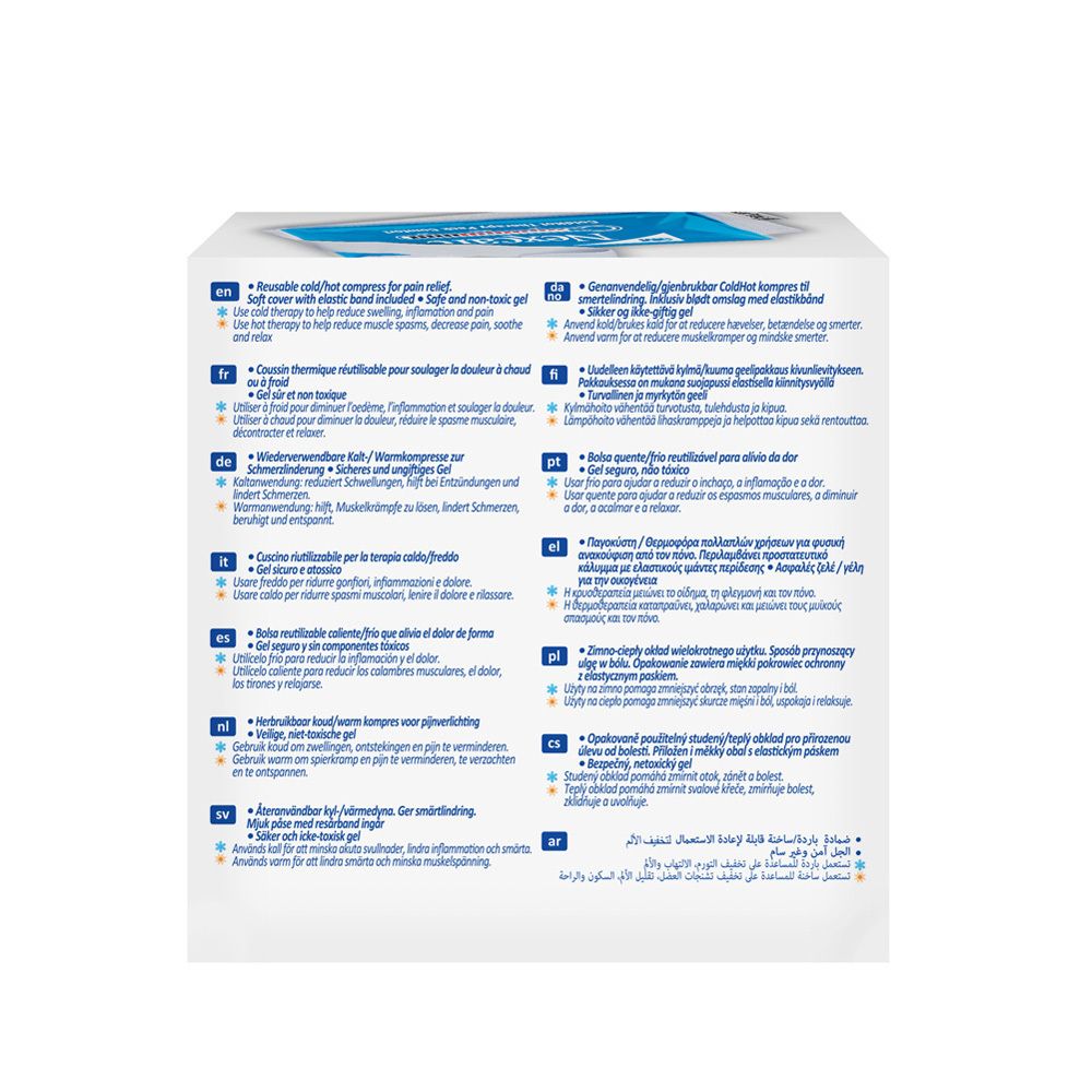 Dos de l'emballage 3M Nexcare ColdHot Therapy Pack Comfort. Texte multilingue, informations sur le produit.