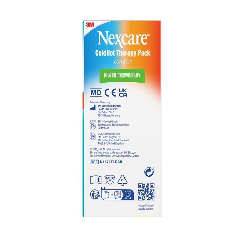 Verpackung von Nexcare ColdHot Therapy Pack. Produktabbildungen, Anwendungsbeispiele.