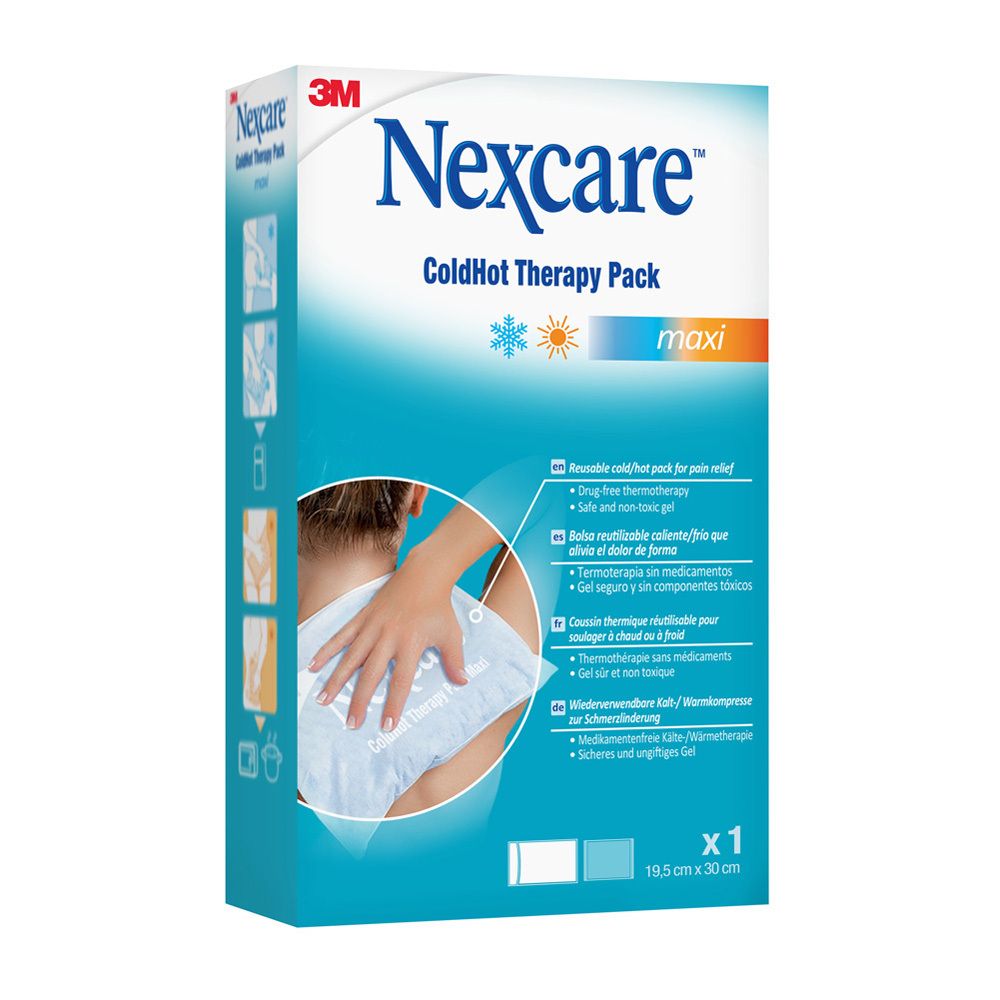 Emballage Nexcare ColdHot Therapy Pack Maxi. Emballage bleu avec nom et logo. Personne tenant le pack sur le dos.
