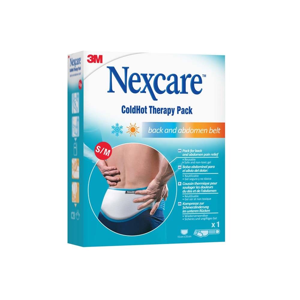 Nexcare ColdHot Therapy Pack, S/M, Rücken- und Bauchgurt. Verpackung mit Produktabbildung und Produktnamen.