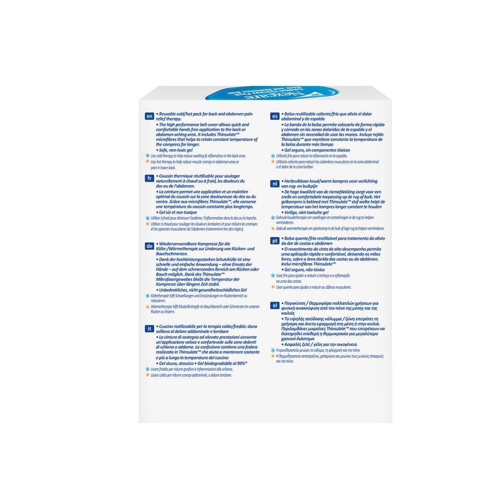 Rückseite der Nexcare ColdHot Therapy Pack Verpackung. Text in mehreren Sprachen. Produktname und Logo.