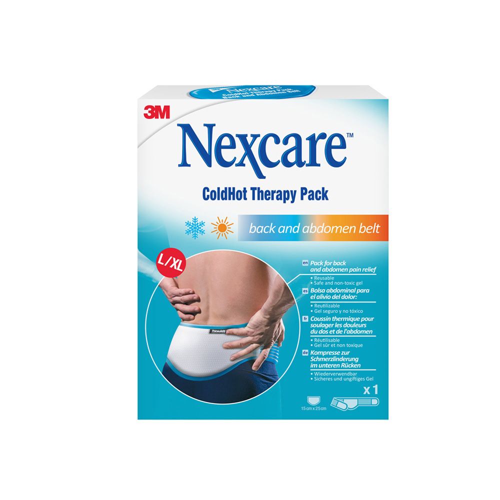 Emballage Nexcare ColdHot. Ceinture dos et ventre, taille L/XL. Produit illustré avec ceinture sur le dos. Texte: back and abdomen belt.