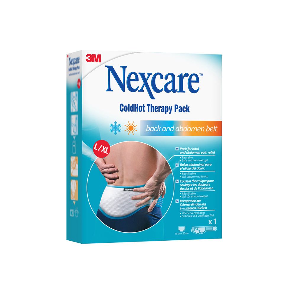 Emballage Nexcare ColdHot. Ceinture dos et ventre, taille L/XL. Produit illustré avec ceinture sur le dos. Texte: back and abdomen belt.