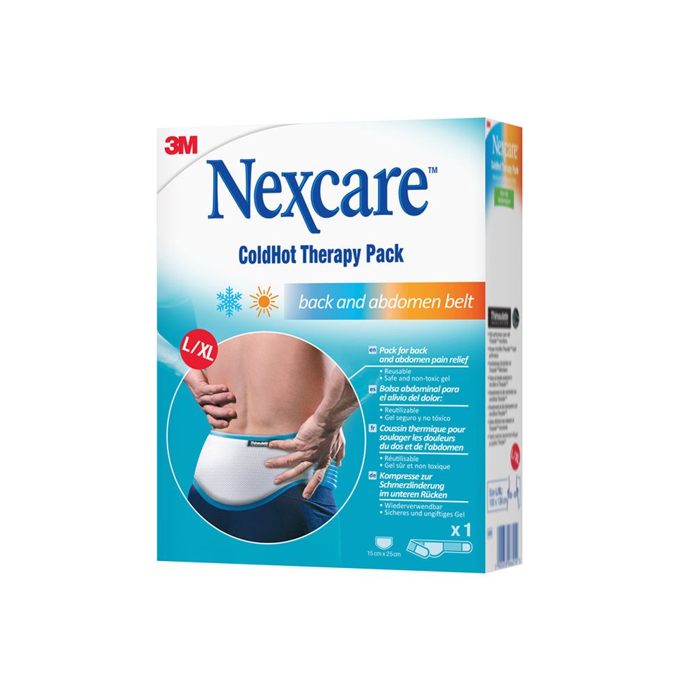 Emballage Nexcare ColdHot. Ceinture dos et ventre, taille L/XL. Produit illustré avec ceinture sur le dos. Texte: back and abdomen belt.
