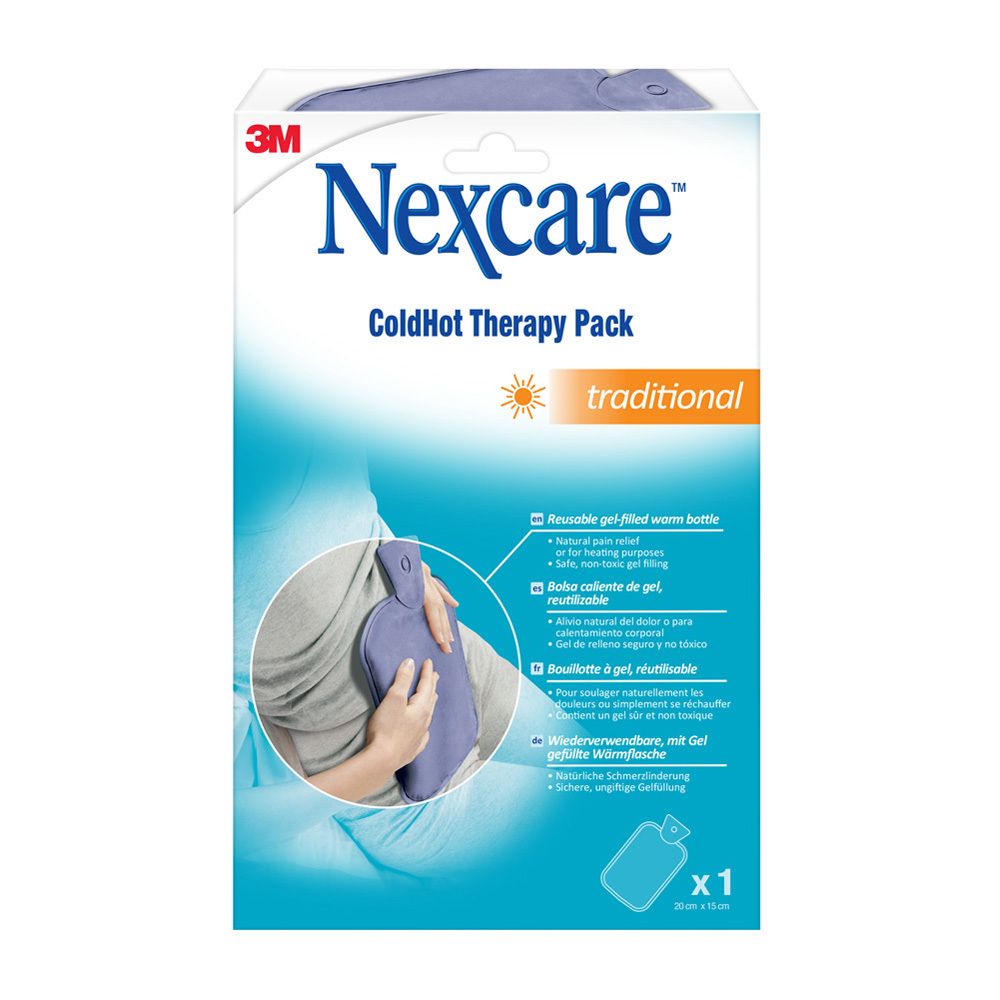Emballage 3M Nexcare ColdHot Therapy Pack. Bouillotte bleue, traditionnelle. Image du produit et texte multilingue.