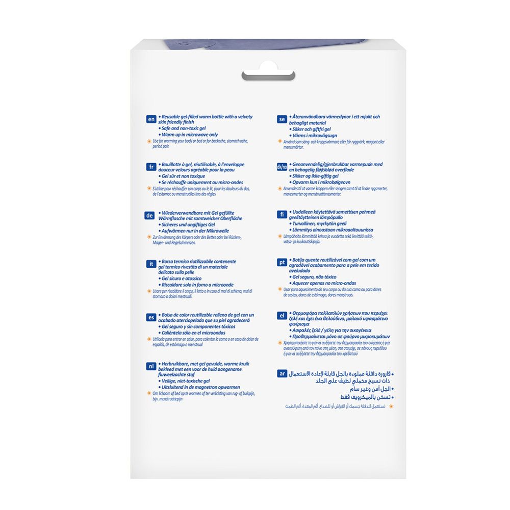 Dos de l'emballage avec texte multilingue. Informations et instructions sur le produit.