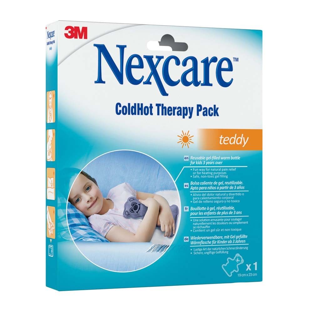 3M Nexcare ColdHot Therapy Pack Teddy Verpackung. Kind mit Kissen. Produktname und Marke sichtbar.