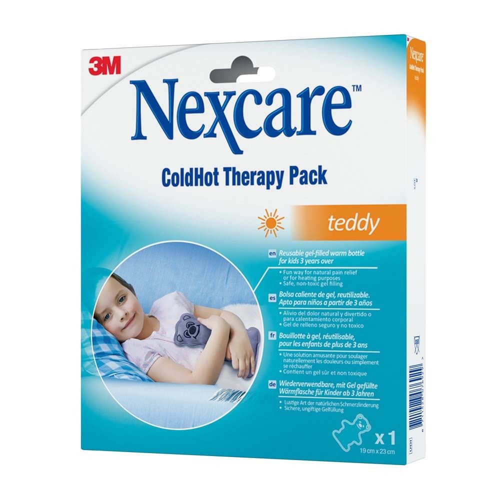 3M Nexcare ColdHot Therapy Pack Teddy Verpackung. Kind mit Kissen. Produktname und Marke sichtbar.