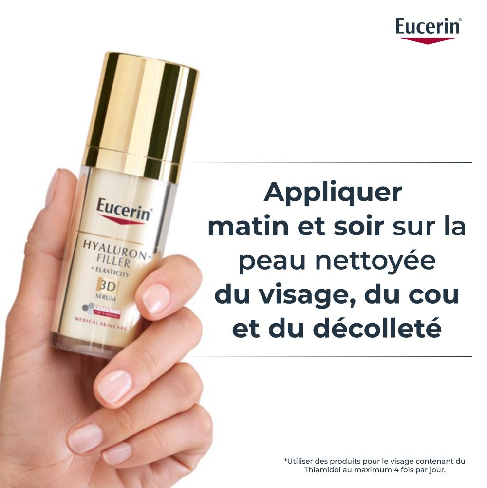 Main tenant un flacon pompe Eucerin Hyaluron-Filler + Elasticity 3D Sérum. "Appliquer matin et soir sur la peau nettoyée".