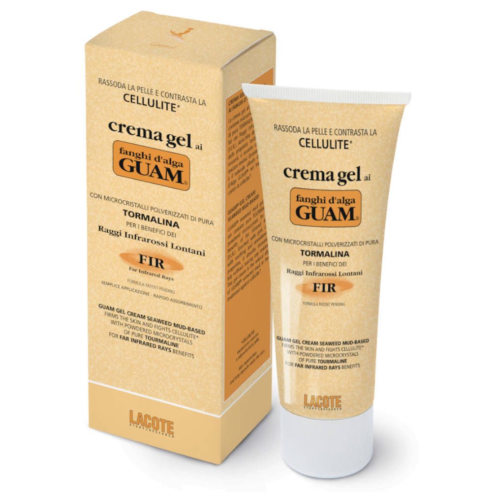 Tube et boîte beiges. Inscription : crema gel ai fangi d'alga GUAM. Avec microcristaux. Pour rayons infrarouges.