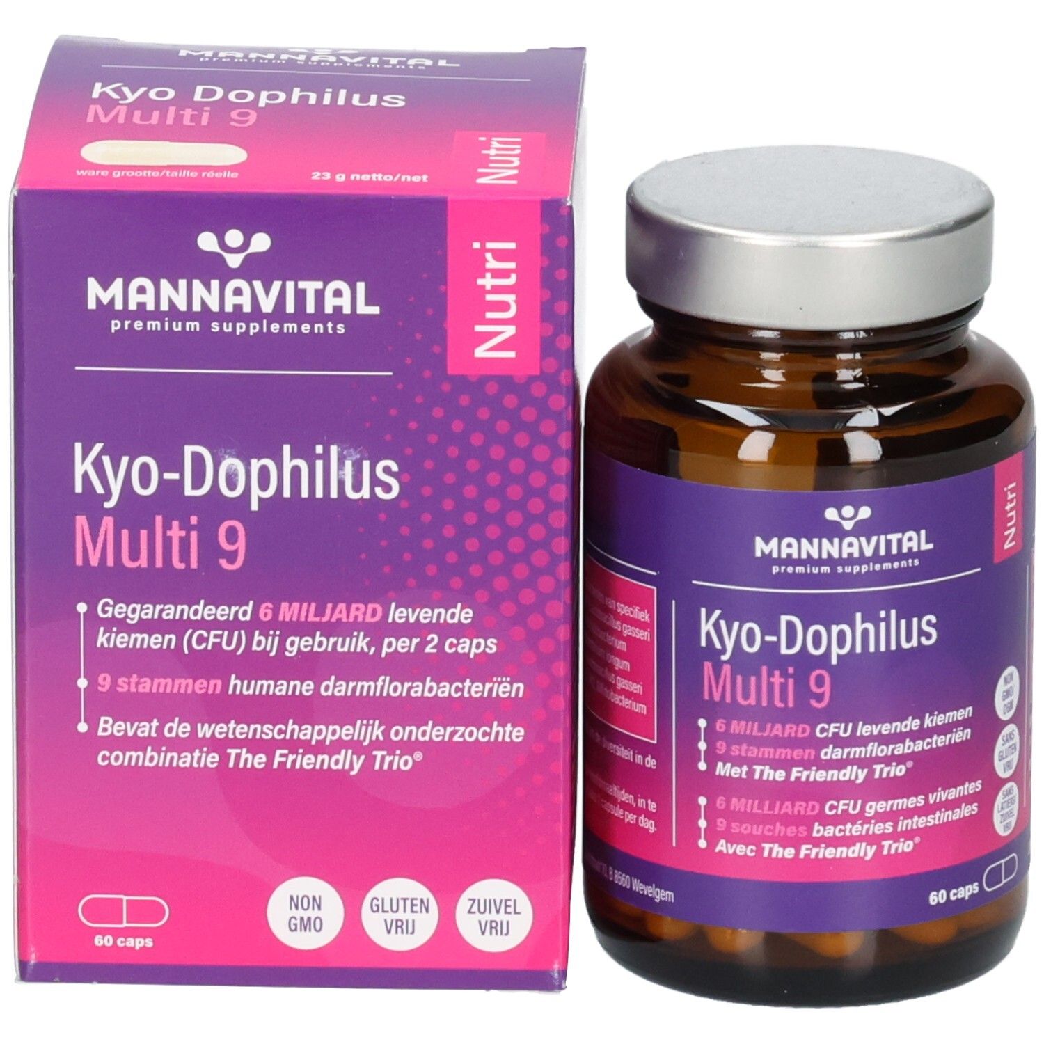Verpackung und Flasche des Produkts Kyo-Dophilus Multi 9. Karton mit Produktinformationen.