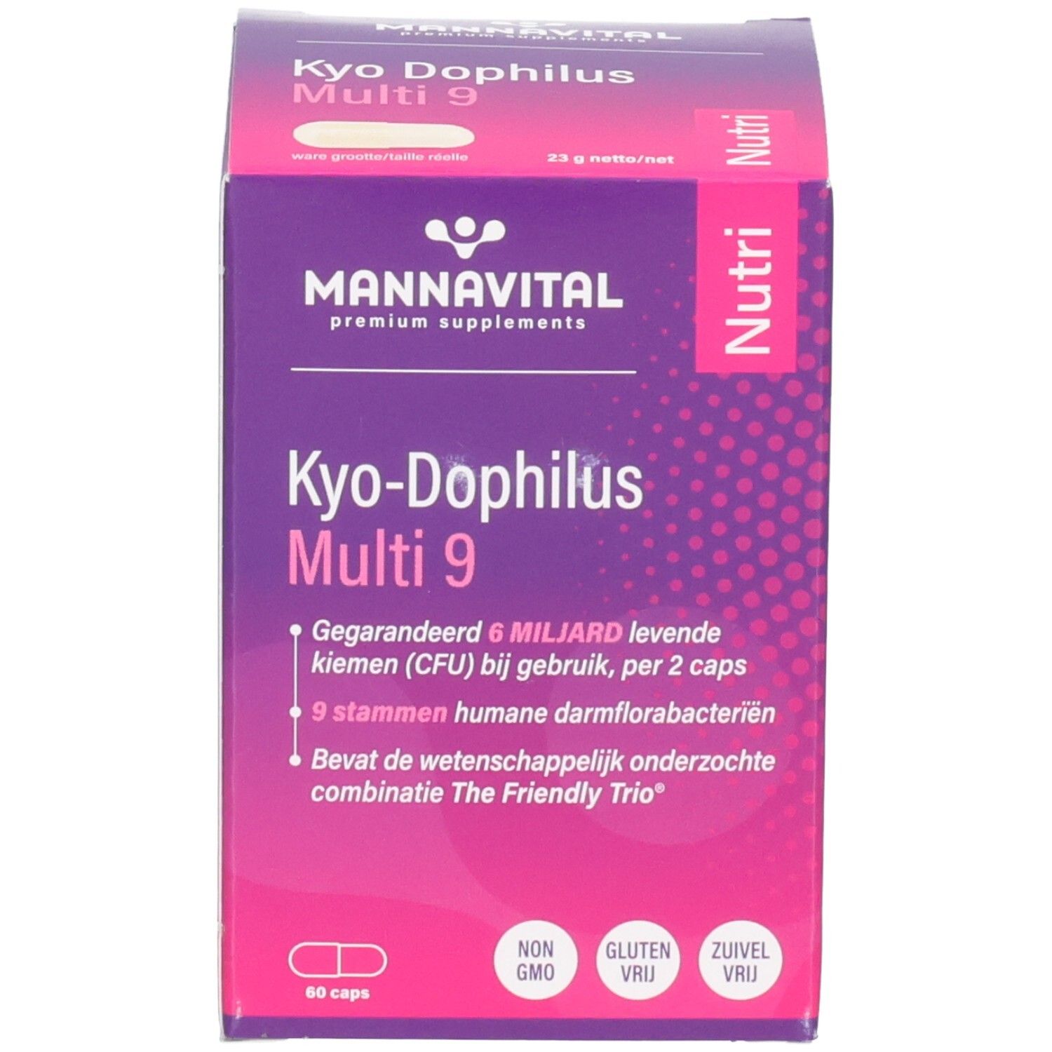 Kartonverpackung des Produkts Kyo-Dophilus Multi 9. Vorderseite mit Produktnamen und Informationen.