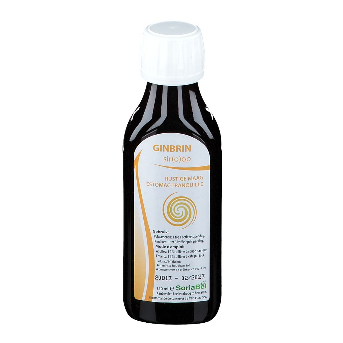 Braune Flasche mit weißem Verschluss. Beschriftung: Ginbrin Siriojop, Rustige Maag, Estomac Tranquille. SoriaBel.