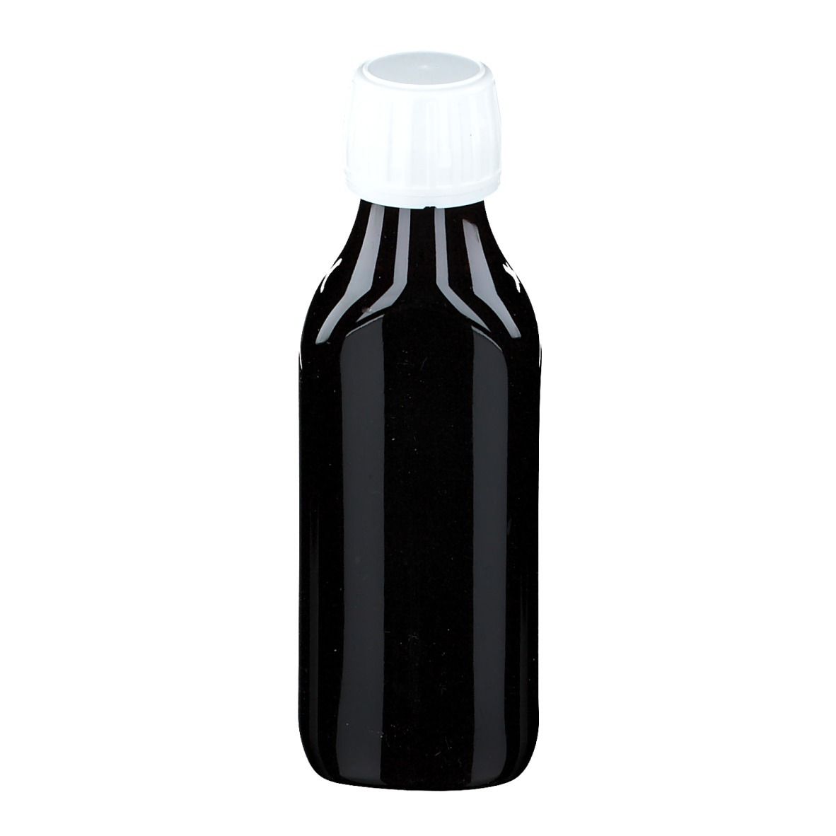 Braune Flasche mit weißem Verschluss. Keine Beschriftung sichtbar.