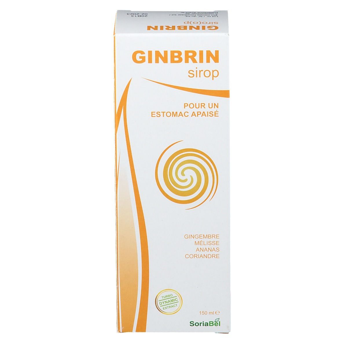 Weiße Produktverpackung. Beschriftung: Ginbrin Sirup, Pour un Estomac Apaisé. SoriaBel. Mit Inhaltsstoffen.