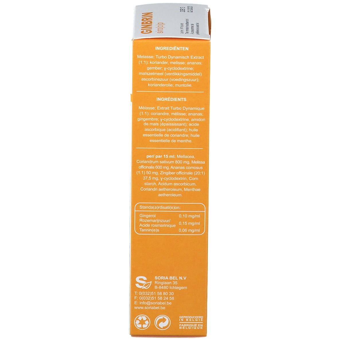Produktverpackung, Rückseite. Beschriftung: Inhaltsstoffe, SoriaBel. Informationen zu Inhaltsstoffen und Nährwerten.