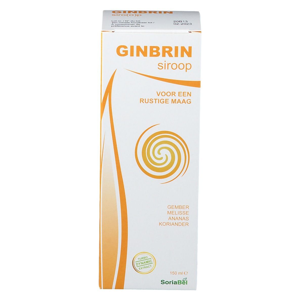 Produktverpackung. Beschriftung: Ginbrin Sirup, Voor een Rustige Maag. SoriaBel. Mit Inhaltsstoffen.