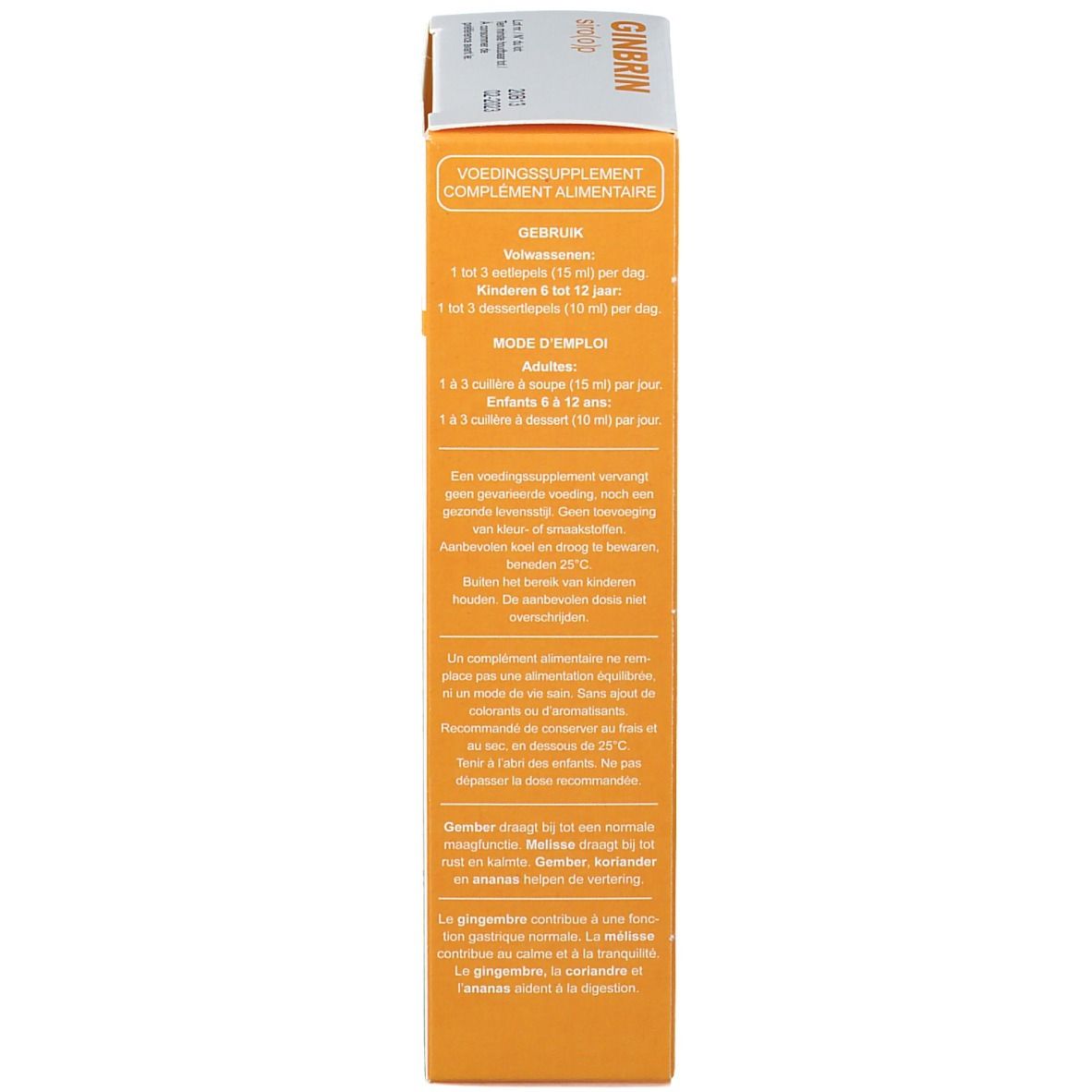Produktverpackung, Seite. Beschriftung: Voedingssupplement, SoriaBel. Gebrauchsanweisung und Inhaltsstoffe.