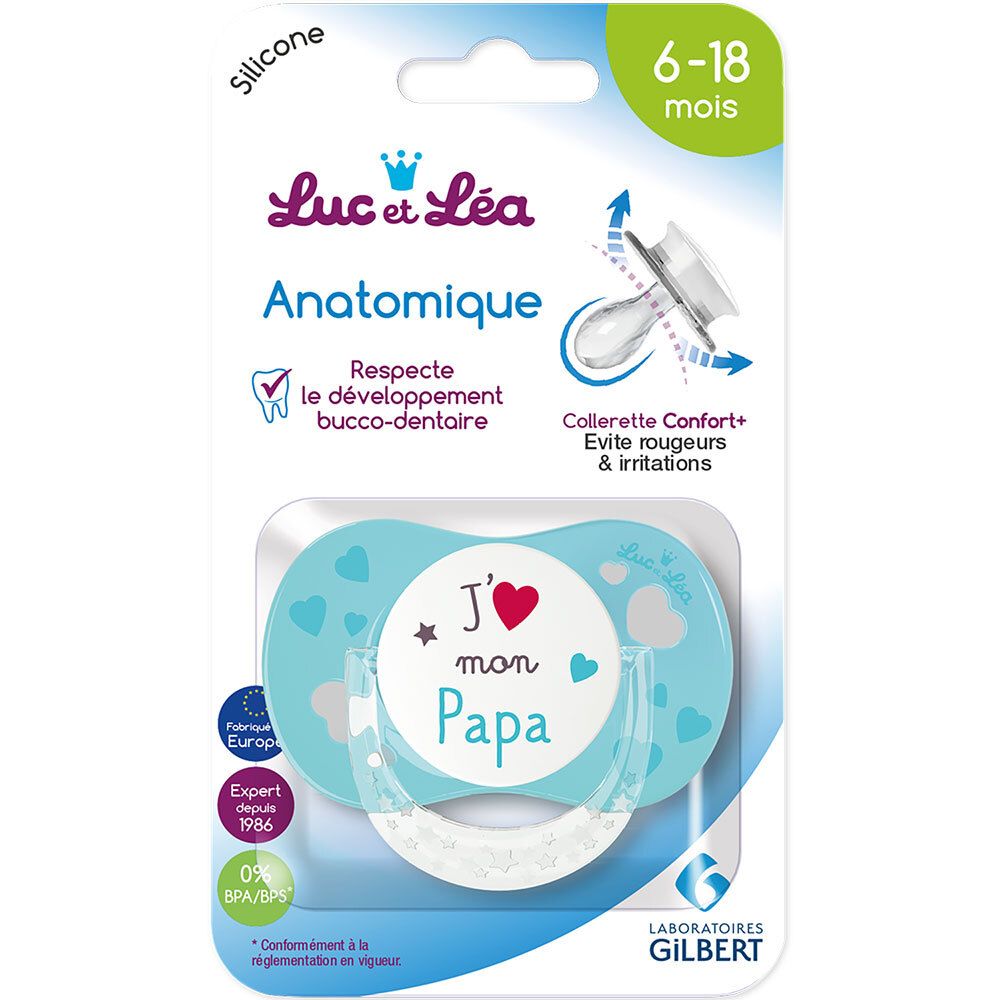 Verpackung mit blauem Schnuller. Aufschrift "J'aime mon Papa". Marke Luc et Léa. Alter: 6-18 Monate.