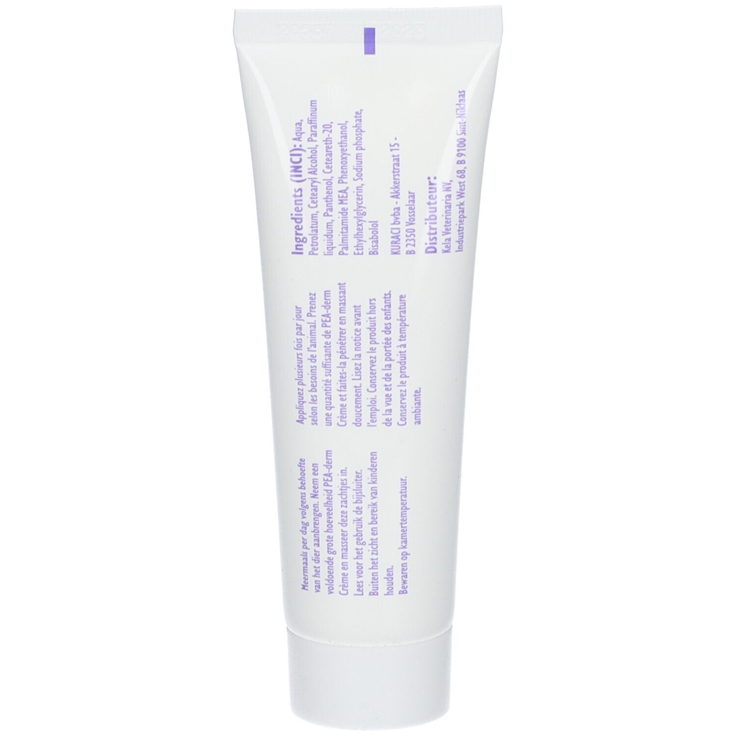 Rückseite der Creme-Tube. Auflistung der Inhaltsstoffe und weitere Informationen. Text in Deutsch, Niederländisch und Französisch.