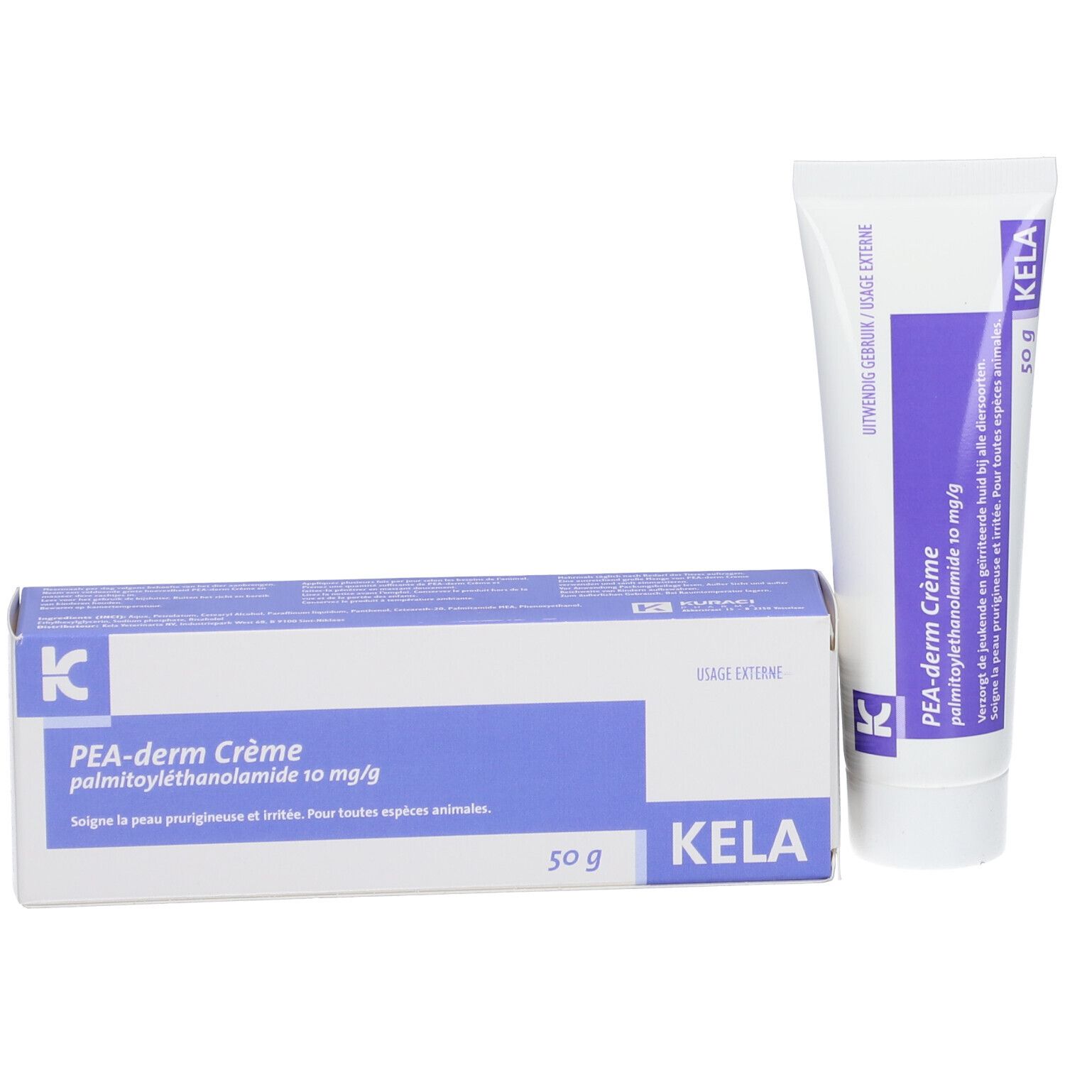 Creme-Tube und Schachtel nebeneinander. Schachtel mit Beschriftung: PEA-derm Crème, 10 mg/g, Kela, 50 g. Text in Deutsch, Niederländisch und Französisch.