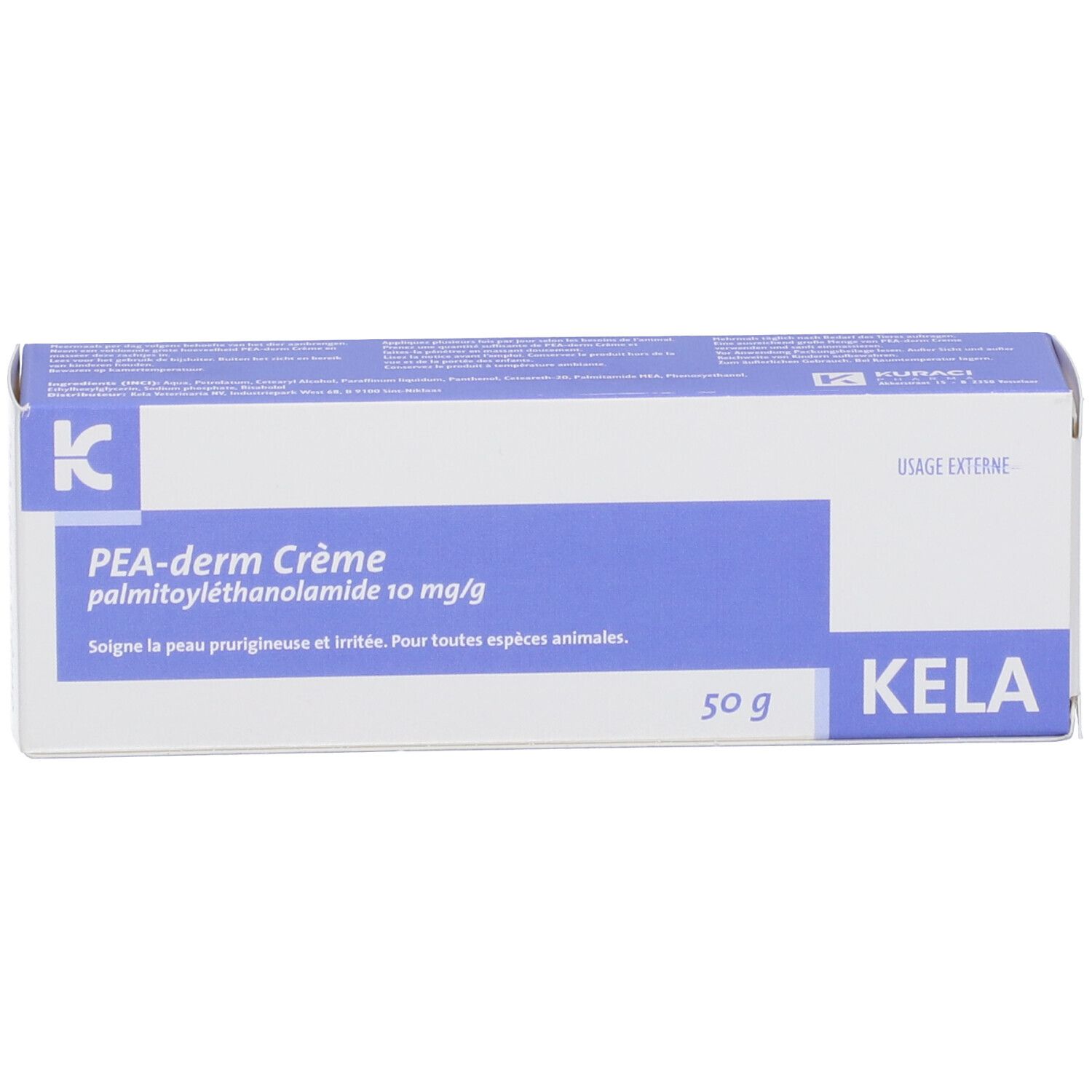 Schachtel mit Beschriftung: PEA-derm Crème, 10 mg/g, Kela, 50 g. Text in Deutsch, Niederländisch und Französisch.