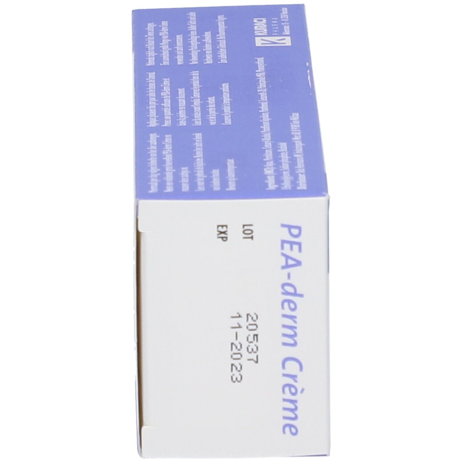 Schachtel, Seitenansicht. Beschriftung: PEA-derm Crème, LOT, EXP, 20537, 11-2023.
